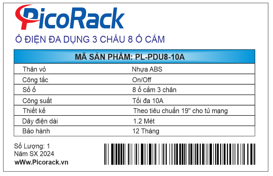 Thanh nguồn PDU Đa năng 8 ổ cắm 10A dùng cho tủ mạng